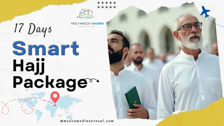 Short Duration Smart Hajj Package –a people of Hajj group with ihram and passport near Masjid al‑Haram