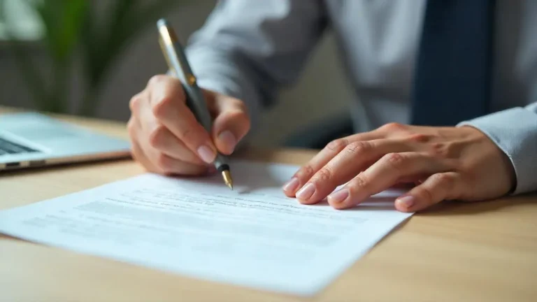 A person writing a leave application for Hajj pilgrimage at an office desk, symbolizing preparation for religious travel