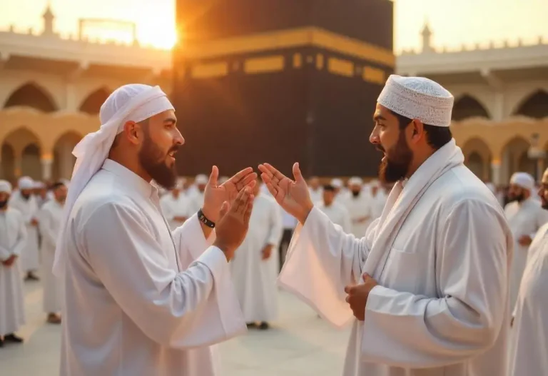 Illustration of two pilgrims in heated discussion during Hajj, symbolizing a common mistake of Hajj