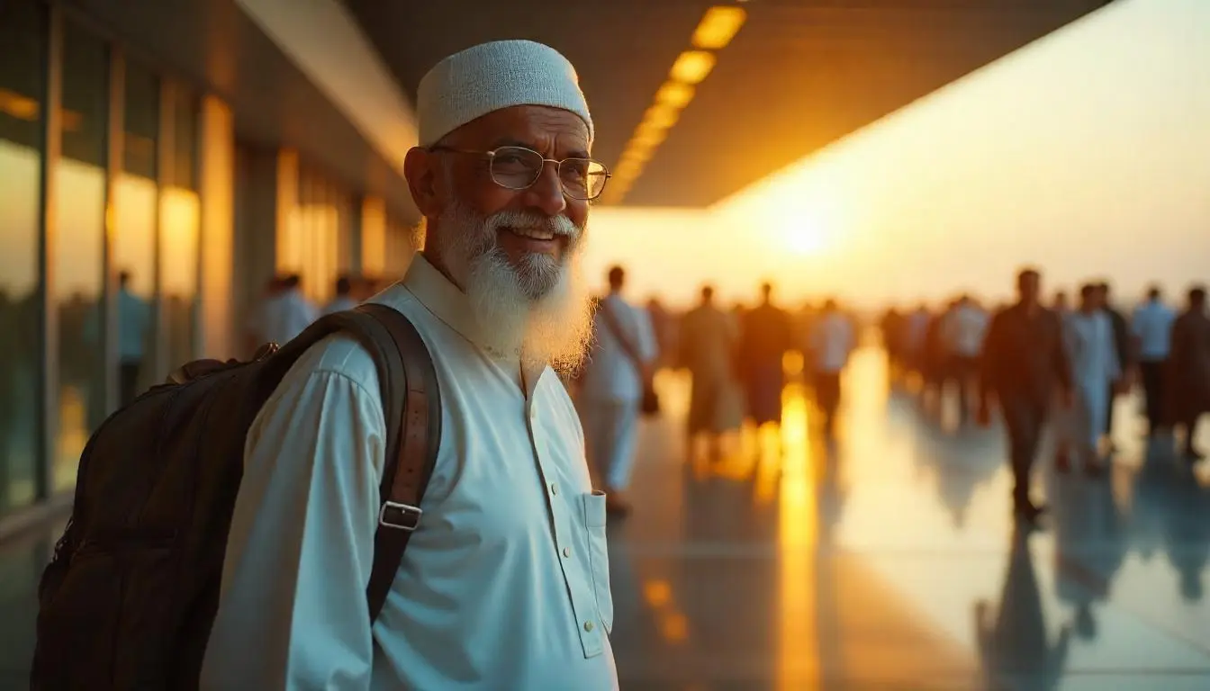 Elderly Muslim man smiling with backpack at airport during sunset, preparing for Umrah journey – Umrah package from Bangladesh